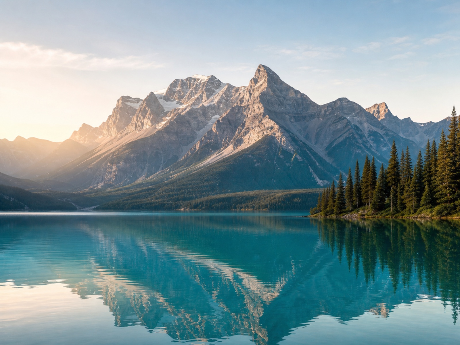 A traveler beside an alpine lake and mountain landscape.